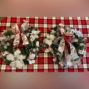 2 pc set! Silver White Red Christmas Holiday Wreaths 20” CUSTOM Poinsettia NEW!